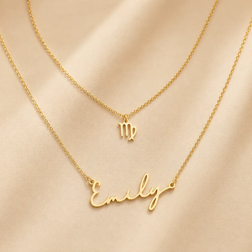 Personalised Name & Zodiac Necklace Set