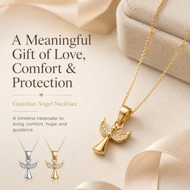 Guardian Angel Necklace gift meaning image with gold angel pendant, silver and gold finish options, and text about love, comfort and protection.