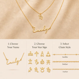 Gold personalized necklace set with customizable name 'Emily' and zodiac star sign charms, shown on a beige textured background with three informational panels explaining customization options and chain styles.